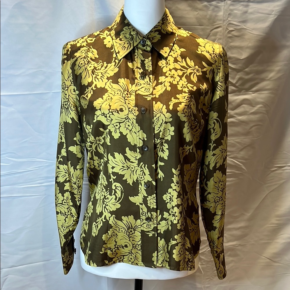 Women’s 100% Silk Floral Button-Up Blouse LS Petite small